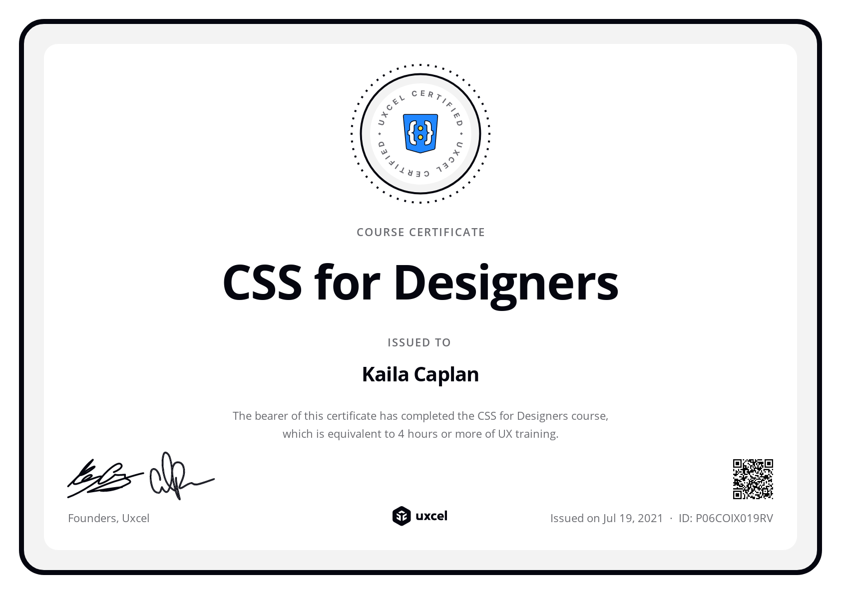 Kaila Caplan's certificate
